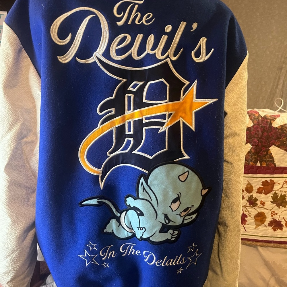 Blue & White Bomber Jacket with Devil Graphic